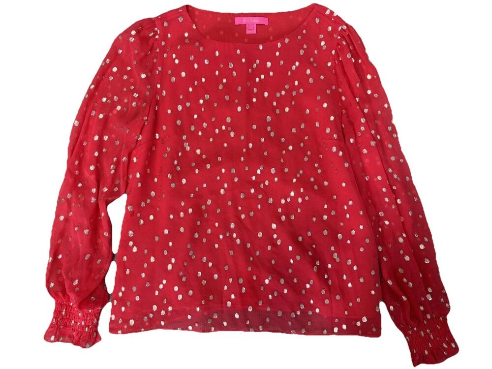 Lilly Pulitzer Red Gold Silk Metallic Polka Dot Puff Blouse Women's M